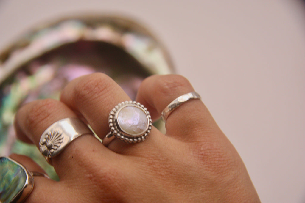 Flat Pearl Bead Lined Ring