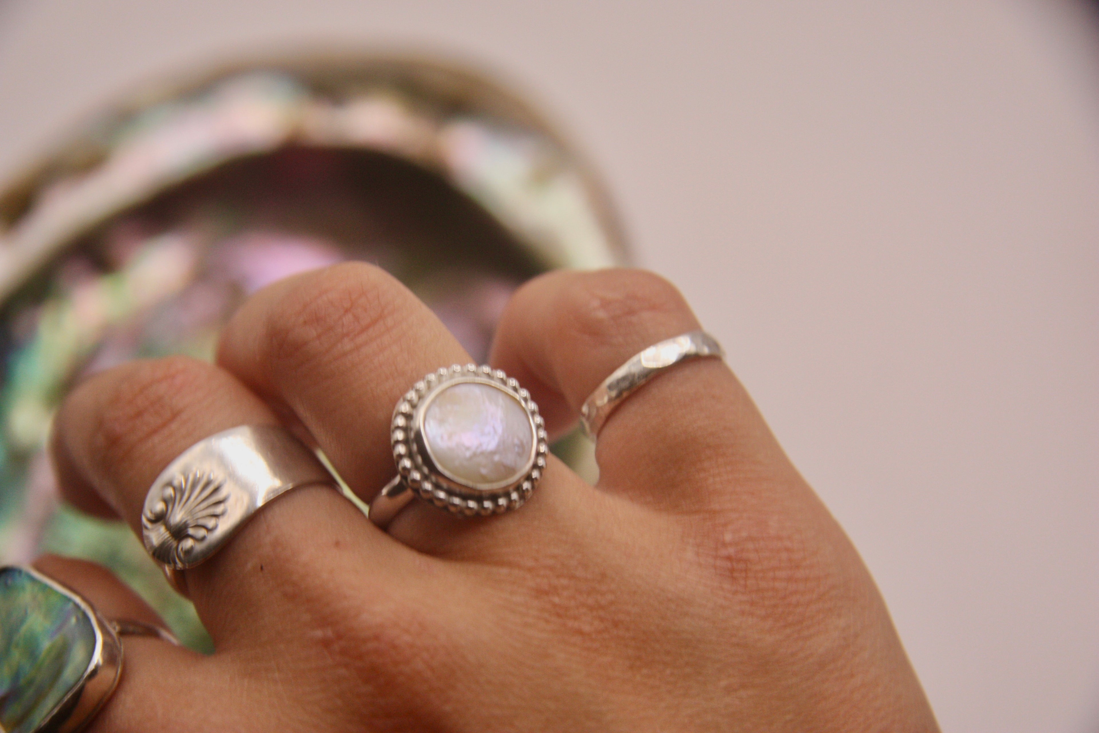 Flat Pearl Bead Lined Ring