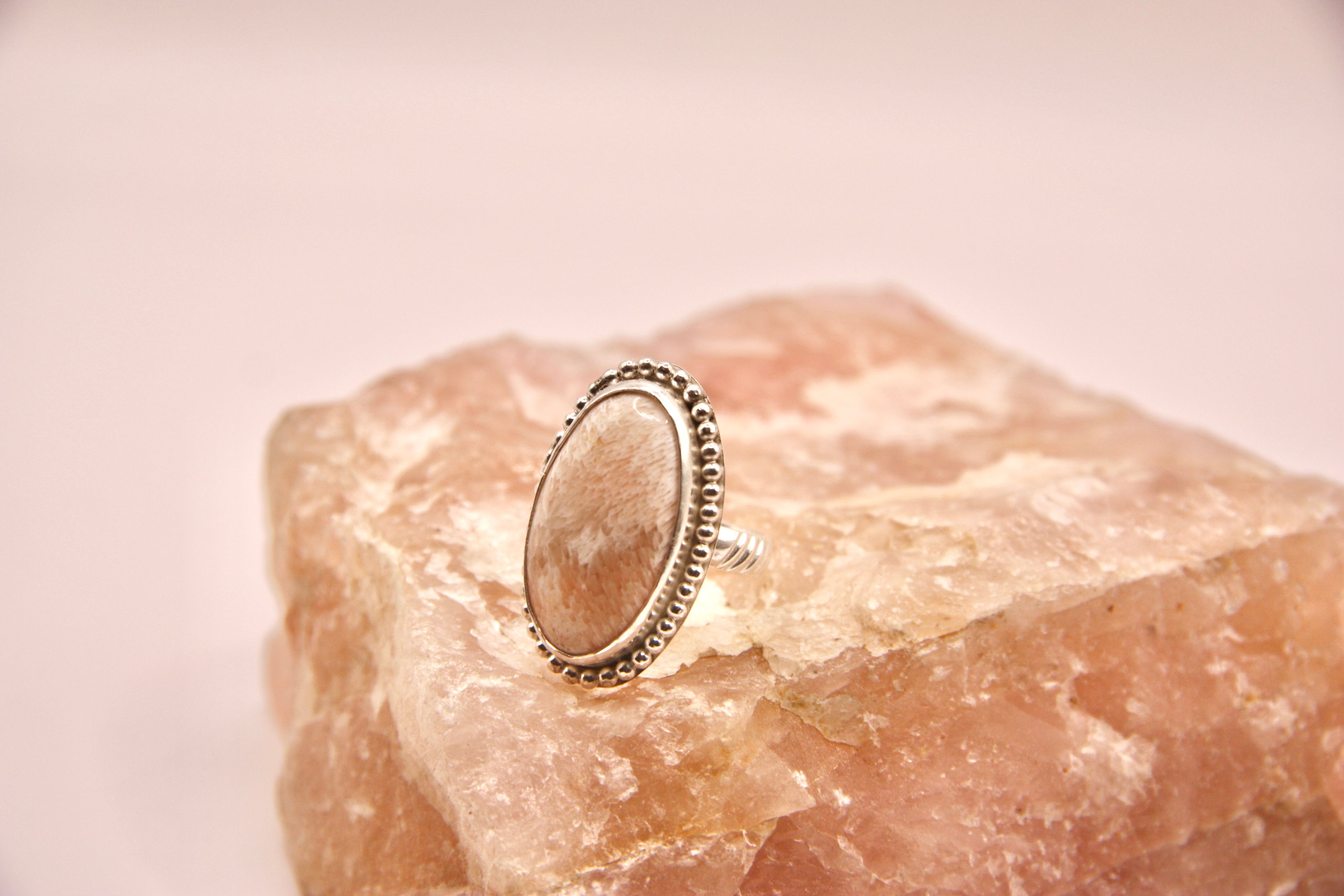 Pink Scolecite Beaded Ring